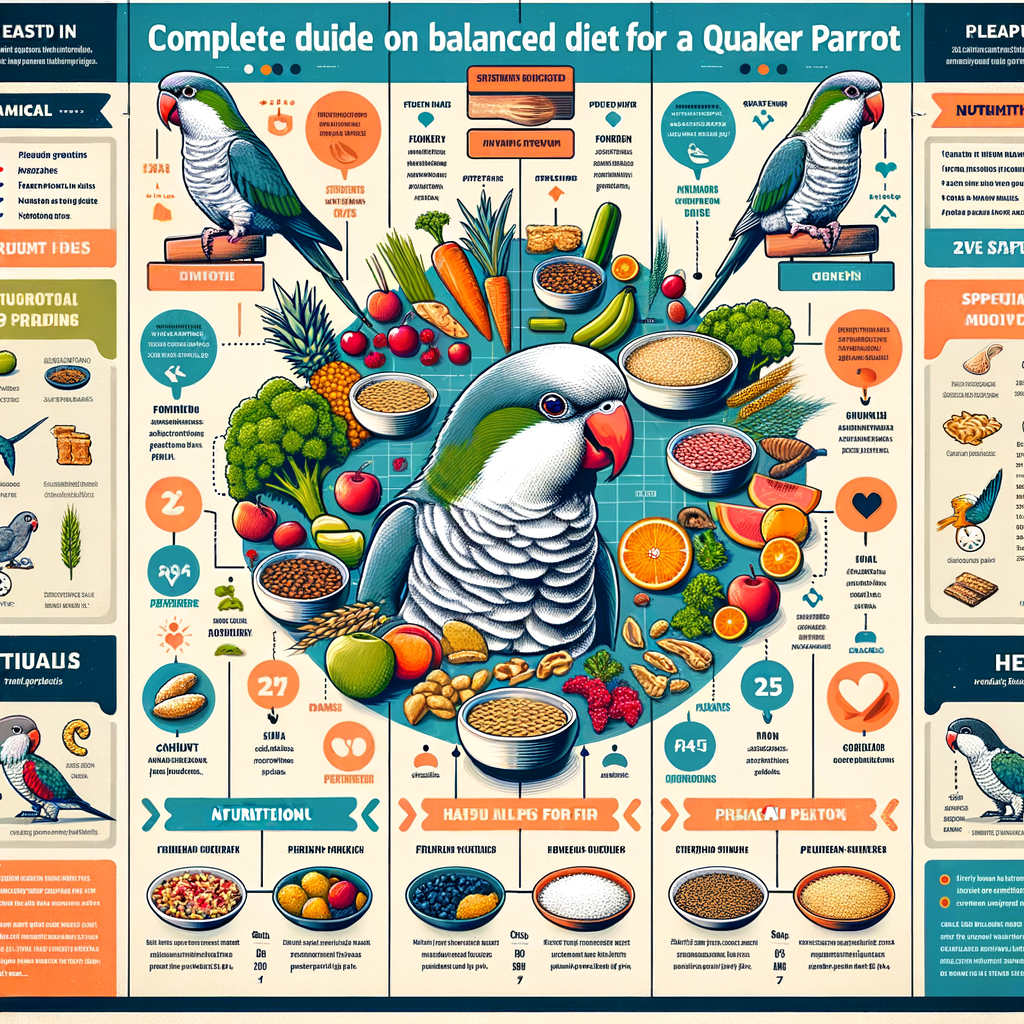 Infographic detailing a balanced Quaker Parrot diet with feeding tips, nutritional needs, and a guide for planning Quaker Parrot meals, showcasing the best diet including fruits, vegetables, and grains.