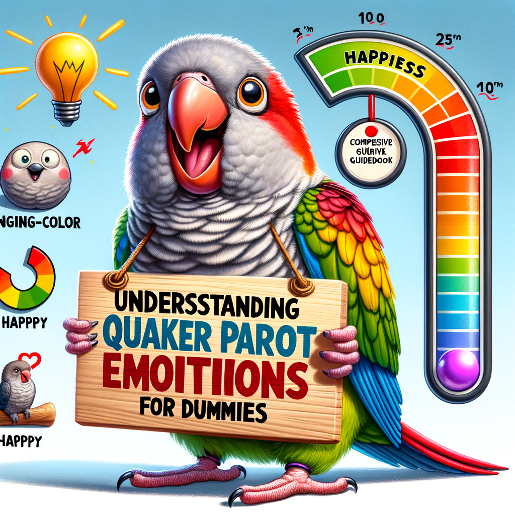 Happy Quaker Parrot showcasing vibrant feathers and playful body language, holding a sign about understanding Quaker Parrot emotions, surrounded by mood indicators and a guidebook for interpreting Quaker Parrot actions, symbolizing healthy Quaker Parrot behavior and emotional health.