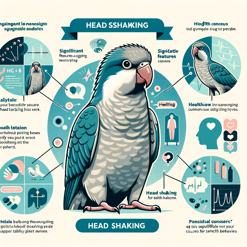 Quaker Parrot exhibiting head shaking behavior, infographic explaining Quaker Parrot actions, body language, and potential health issues, providing insight into common Quaker Parrot behaviors and causes for head shaking.