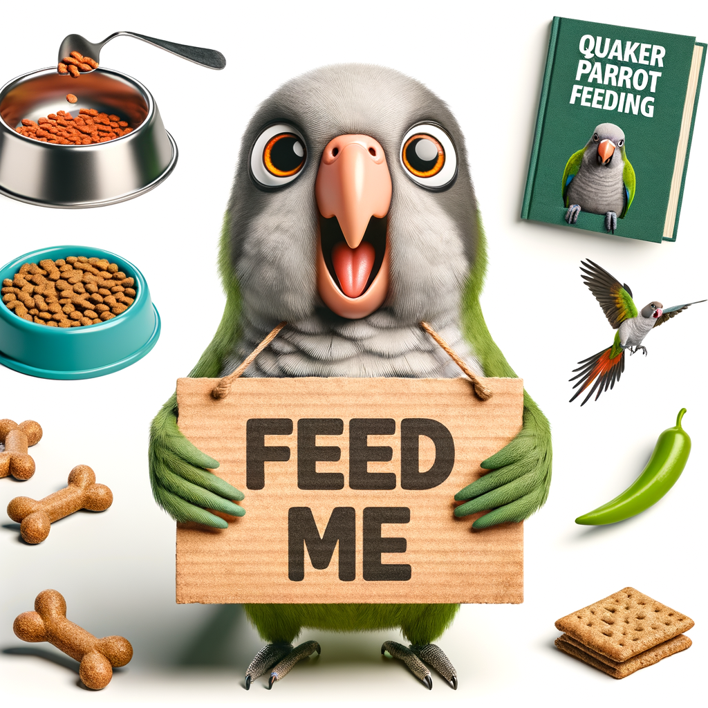 Quaker parrot showing hunger signs, holding a 'Feed Me' sign, emphasizing the importance of understanding Quaker parrot behavior and their nutrition needs for proper Quaker parrot care and feeding.