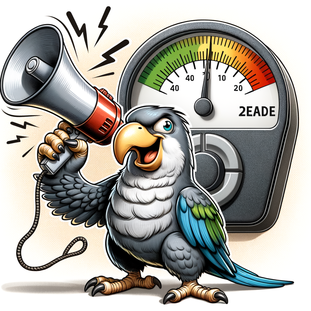 Humorous Quaker Parrot demonstrating noise production and loudness with megaphone, showcasing Quaker Parrots behavior, vocalization, and high noise level on decibel meter.