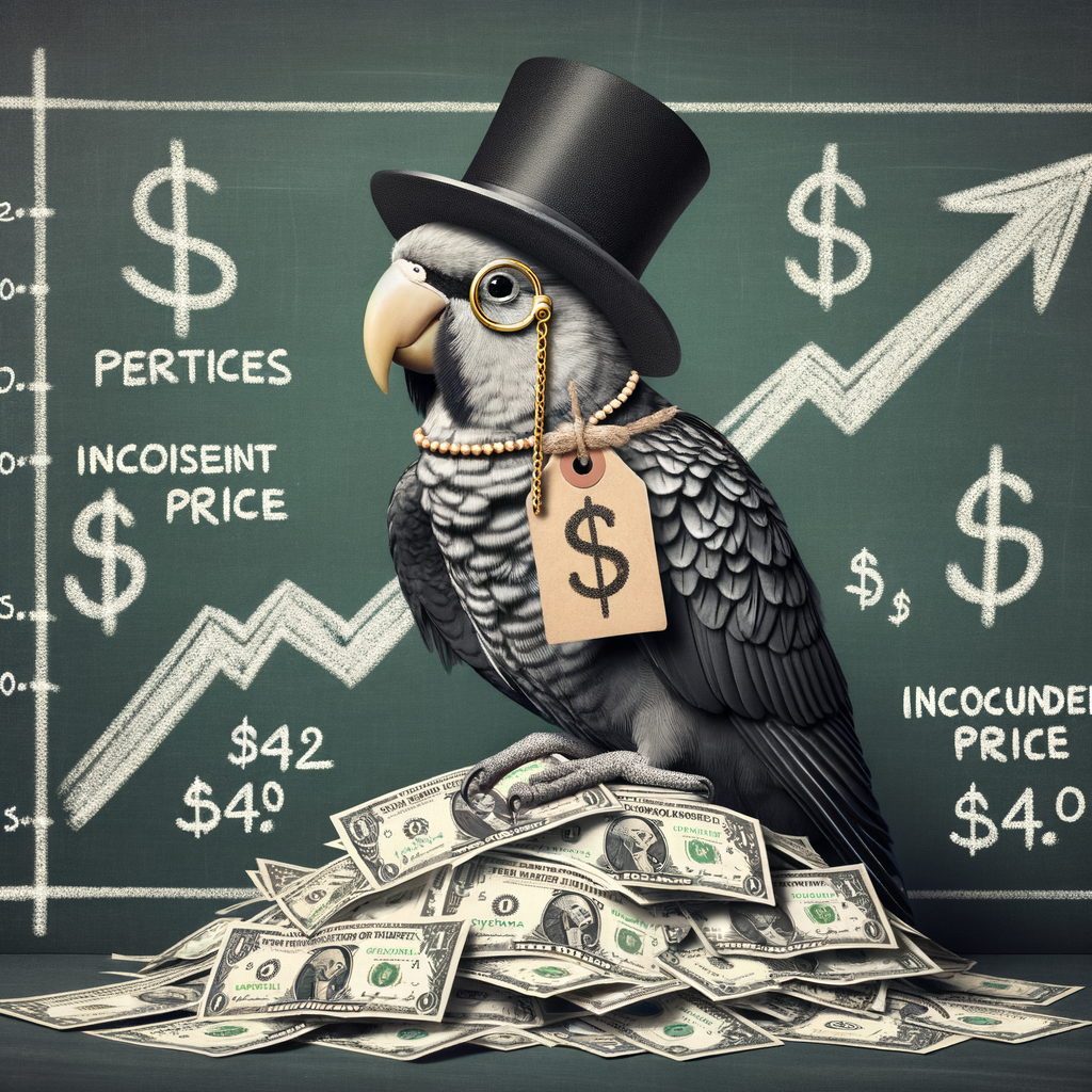 Quaker Parrot humorously dressed with a price tag, sitting on dollars, illustrating the factors affecting Quaker Parrots price including a quirky pricing guide and market price graph, for understanding the cost of owning Quaker Parrots and their value.
