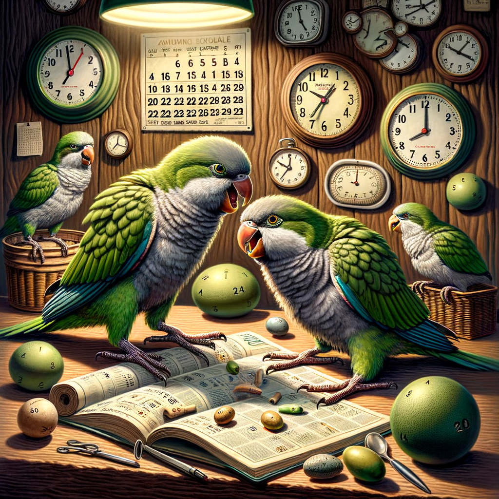 Two Quaker Parrots humorously discussing their breeding season timeline, illustrating the duration and habits of Quaker Parrots reproduction for an article on the breeding cycle of Quaker Parrots.