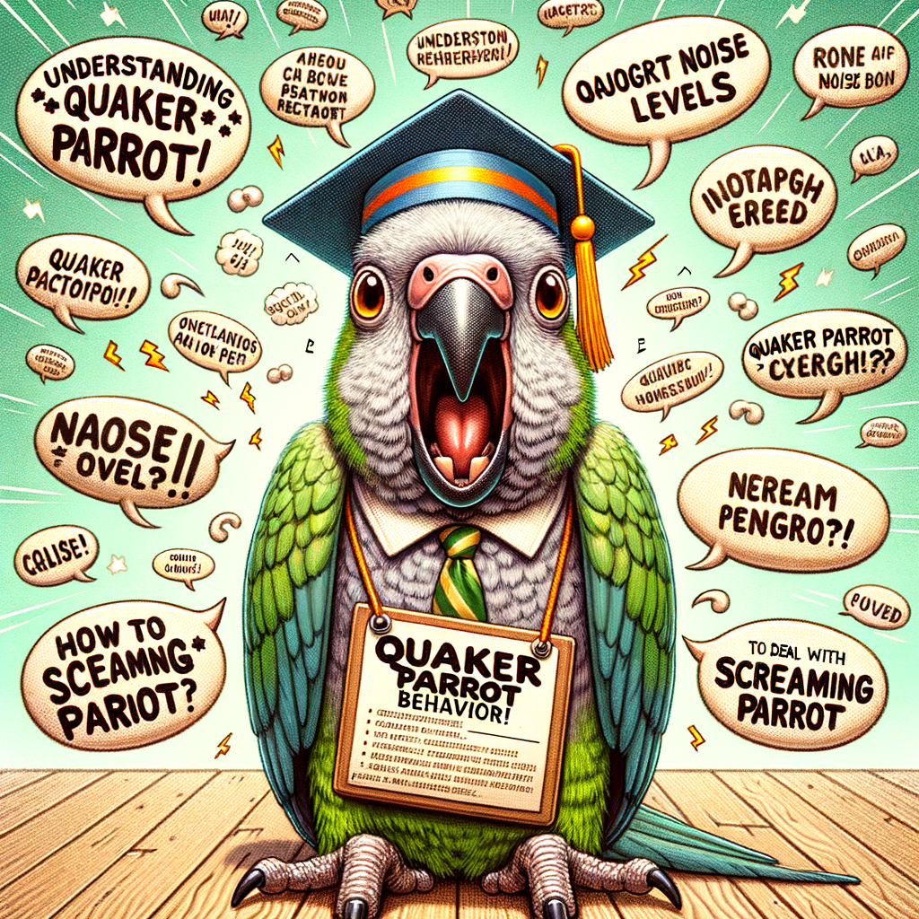 Humorous illustration of a screaming Quaker Parrot wearing a professor's hat and holding a 'Quaker Parrot Behavior 101' sign, symbolizing understanding and training for Quaker Parrot behavior, noise levels, and communication.