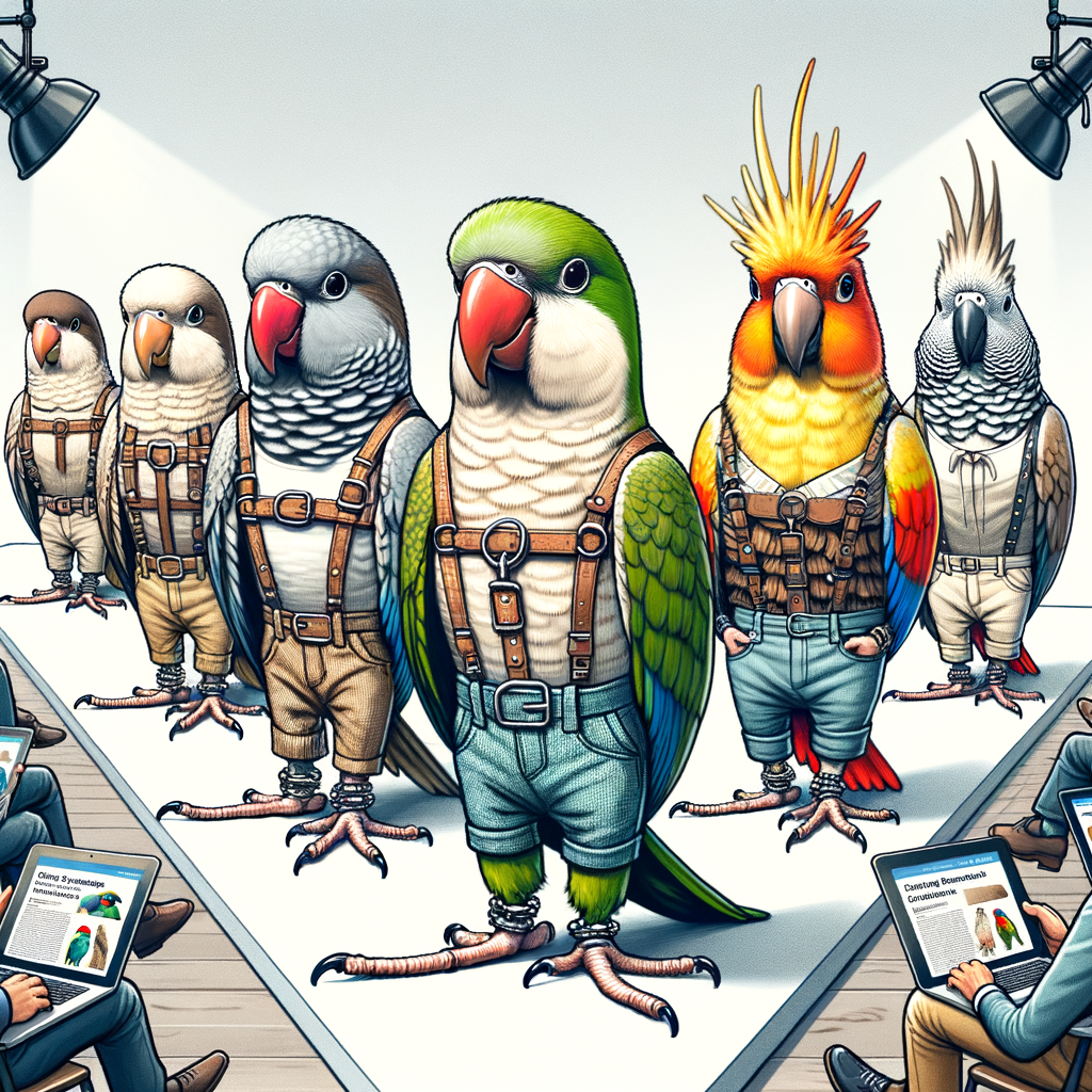 Quaker parrots showcasing top parrot harness brands, demonstrating the best harnesses for Quaker parrots, and checking parrot harness reviews on bird-sized laptops for safe Quaker parrot care and training.