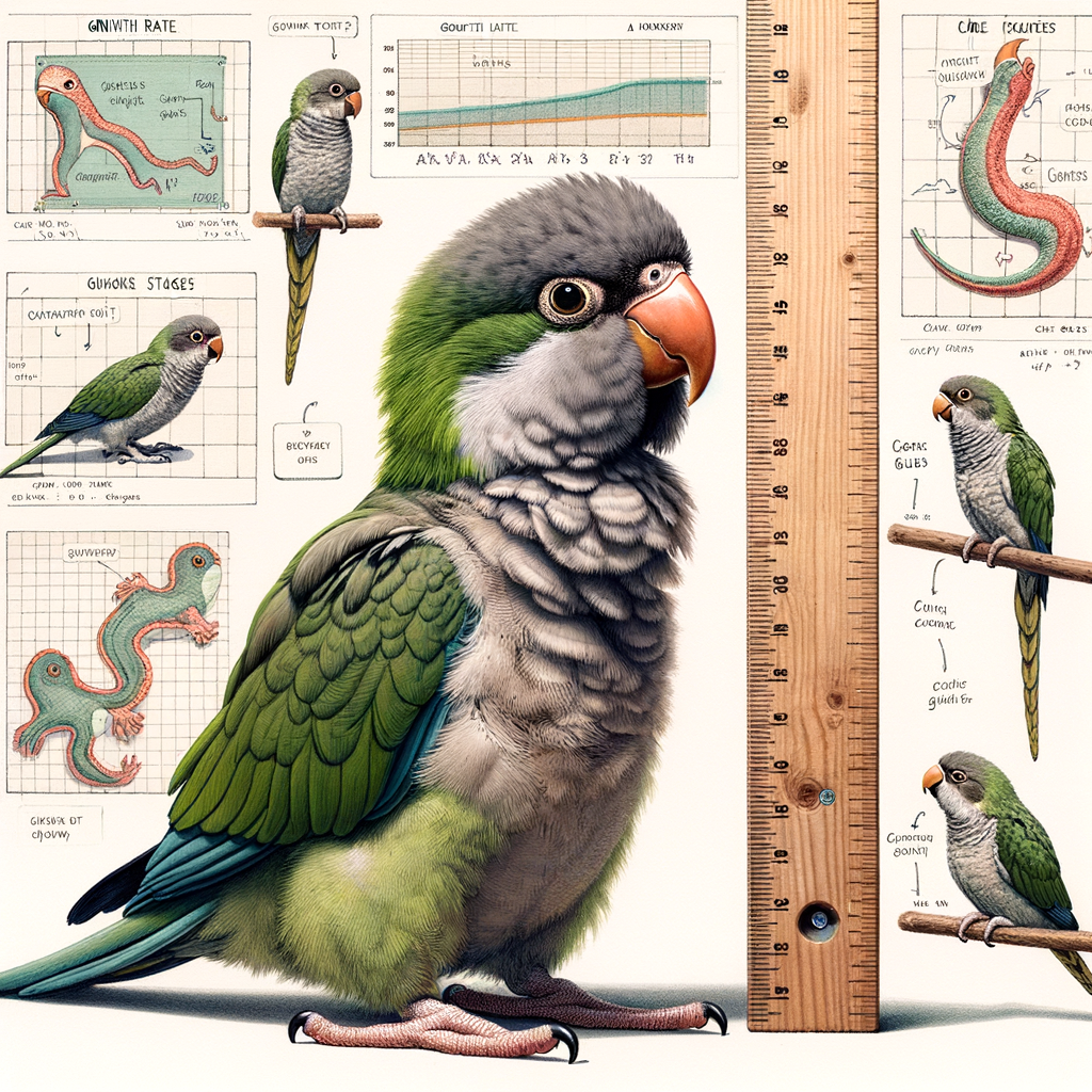 Quaker Parrot surprised by its own size, standing next to a ruler, surrounded by humorously illustrated growth charts, care guides, and lifespan timeline, showcasing Quaker Parrots growth rate, development stages, size, maturity, and characteristics.