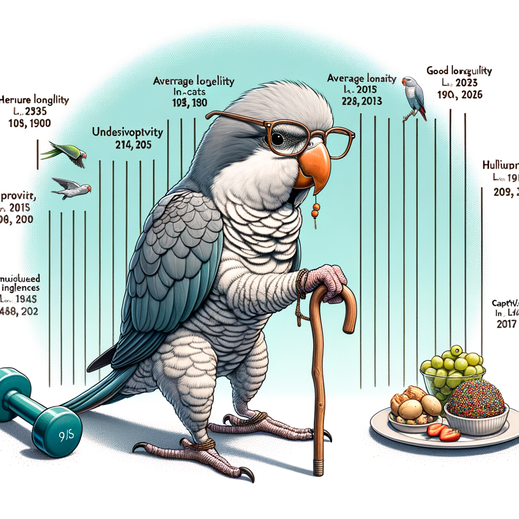 Funny illustration of Quaker Parrot lifespan with a timeline, showing average life expectancy of Quaker Parrot in captivity and in the wild, factors affecting Quaker Parrot longevity including exercise and diet, for an article on Quaker Parrot care and lifespan.