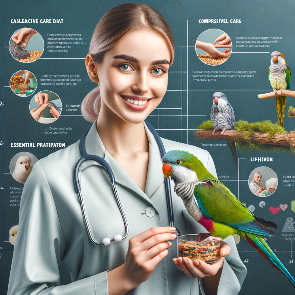 Veterinarian providing comprehensive care for Quaker Parrots, including diet, grooming, and habitat, with a chart illustrating essential care practices like behavior, lifespan, and breeding.