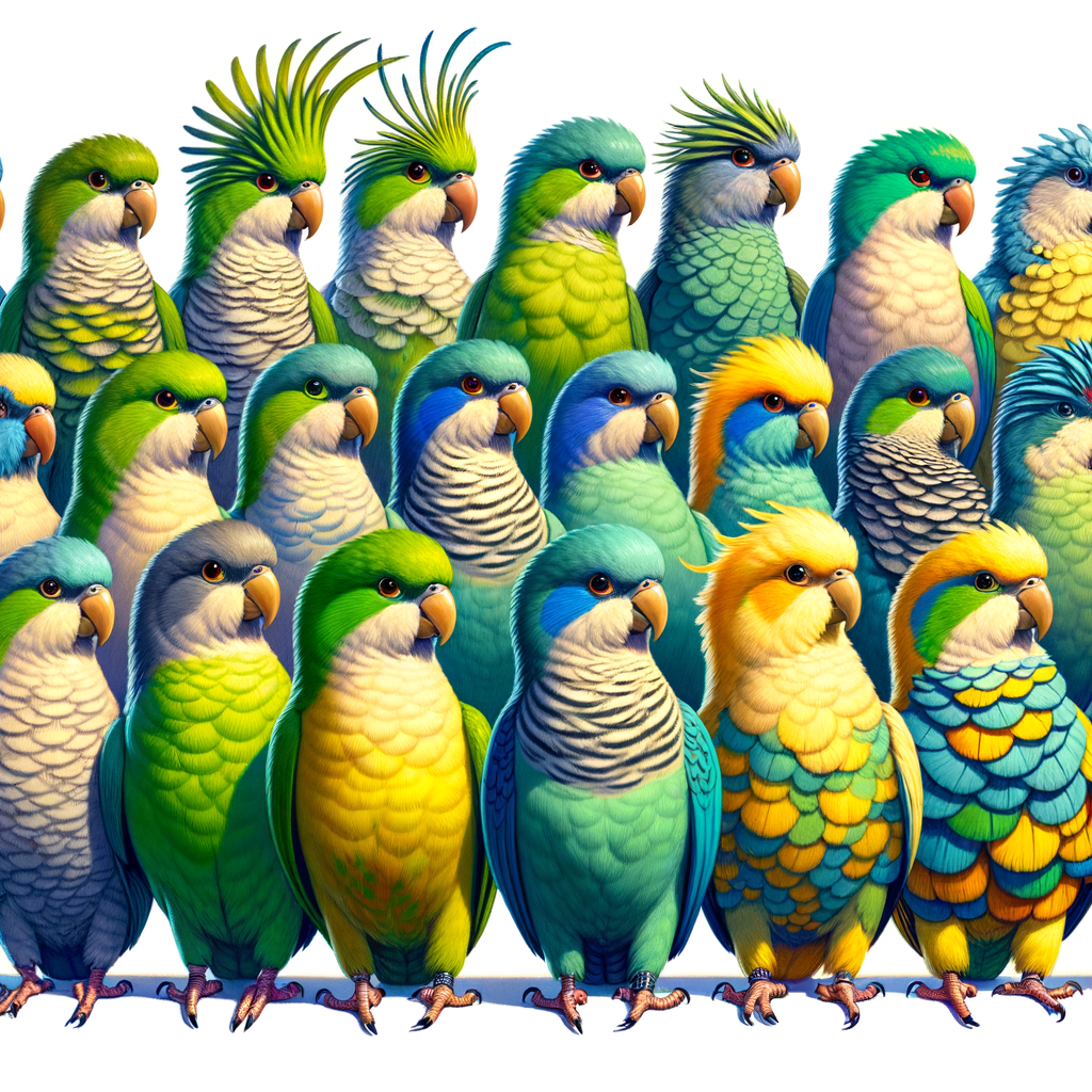 Quaker Parrots showcasing different color variations, mutations, and patterns in a whimsical display of Quaker Parrot color genetics and breeding.