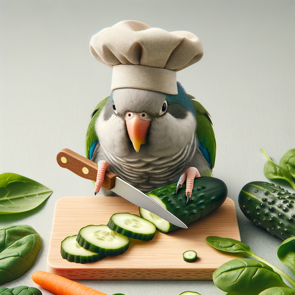 Quaker Parrot in chef's hat chopping cucumbers, demonstrating Quaker Parrots diet and love for healthy treats like vegetables, emphasizing their dietary needs and safe food habits.