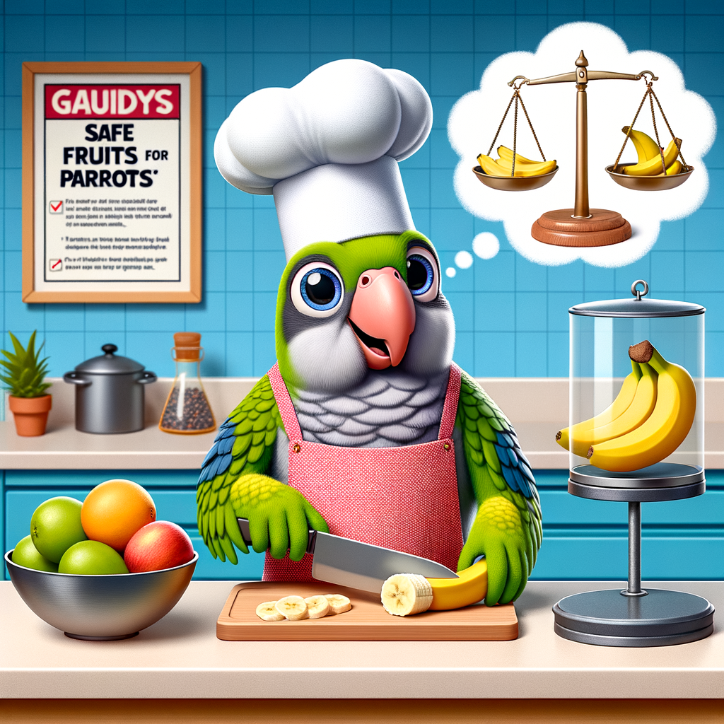 Quaker Parrot in chef's attire slicing a banana, demonstrating a healthy diet for Quaker Parrots, with a guide on safe fruits and banana benefits for parrots, highlighting the nutritional value and risks of feeding bananas to Quaker Parrots.
