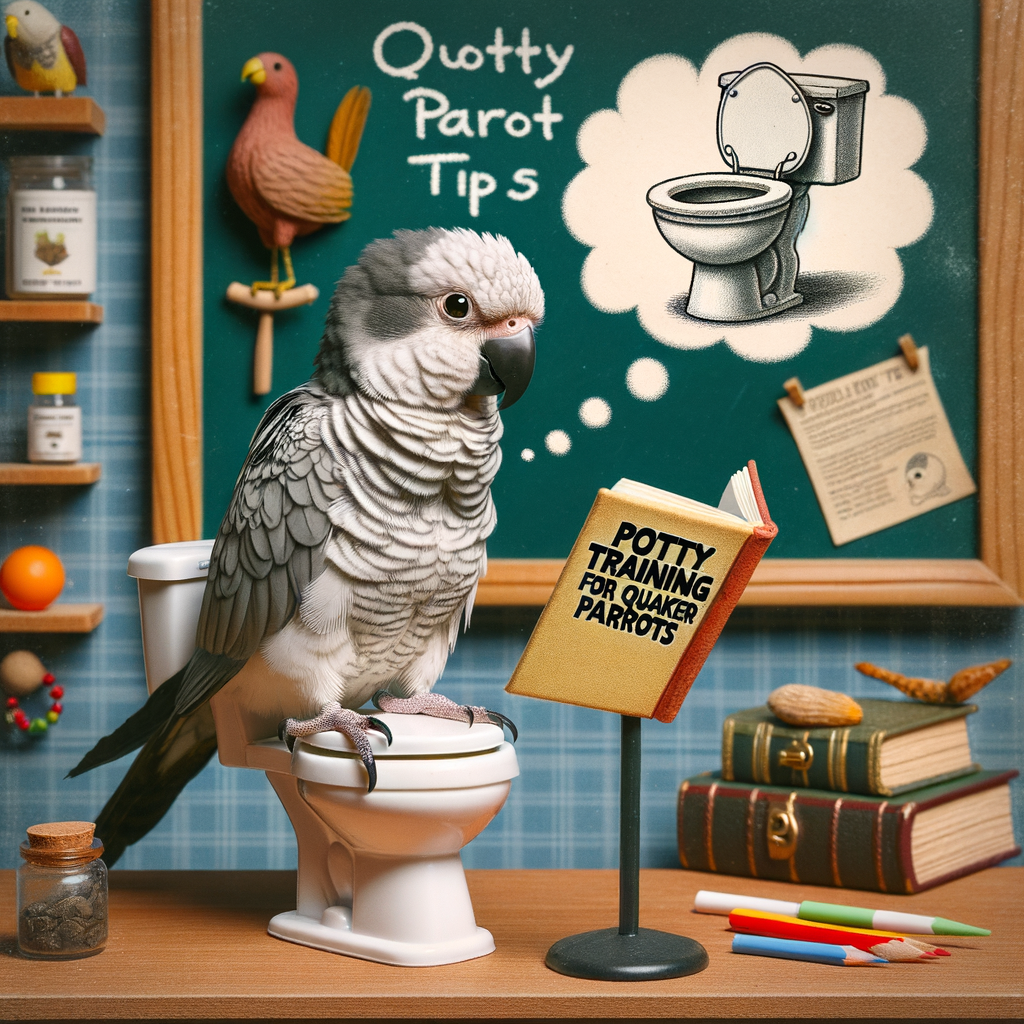 Quaker Parrot humorously learning potty training from a manual, symbolizing house training, behavior, and care tips for Quaker Parrots, highlighting toilet training techniques for pet birds.