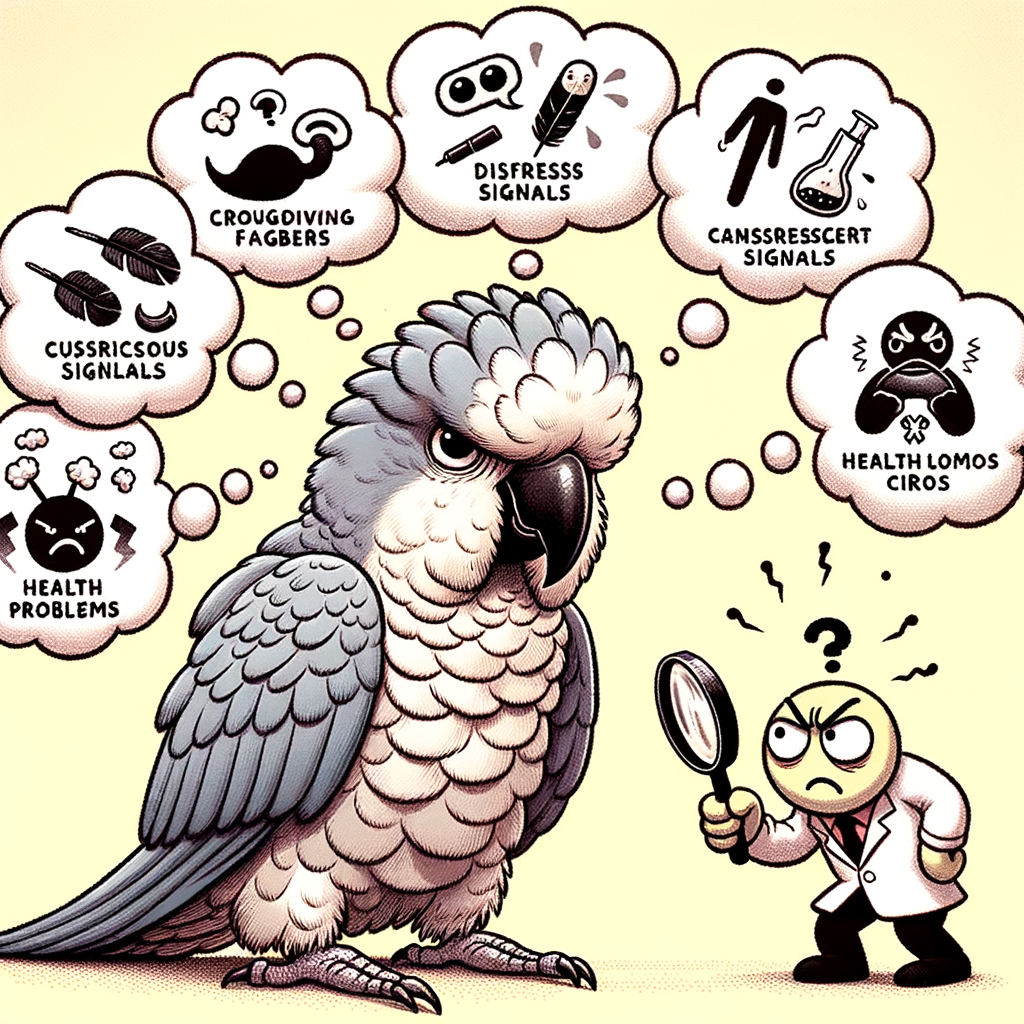 Funny illustration of an unhappy Quaker Parrot showing signs of distress and health issues, with a detective analyzing Quaker Parrot behavior and body language, perfect for understanding and dealing with unhappy Quaker Parrot symptoms.