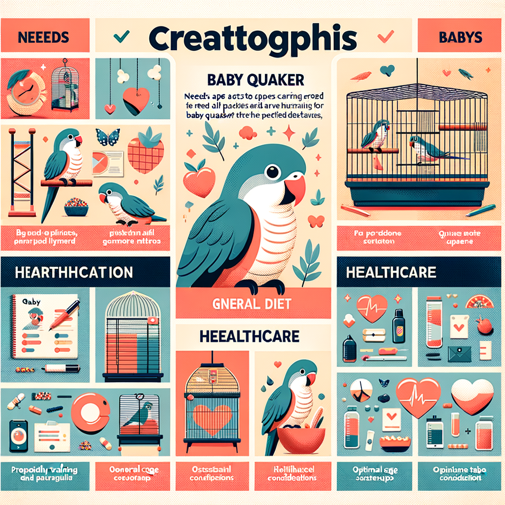 Infographic detailing the Quaker Parrot Care Guide with focus on Baby Quaker Parrot Care, diet, behavior, training, health care, cage setup, and tips for raising and feeding Baby Quaker Parrots.