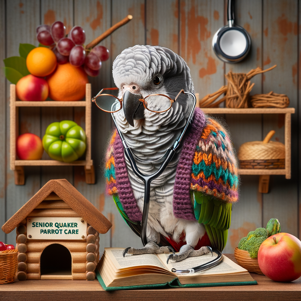 Elderly Quaker parrot with reading glasses and shawl, holding a 'Senior Quaker Parrot Care' guide, emphasizing on Quaker parrot aging, lifespan, health issues, diet, and behavior changes for caring for old Quaker parrots.