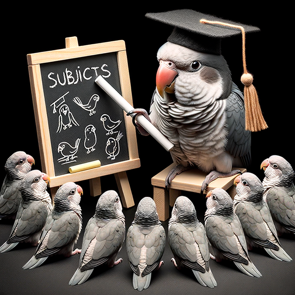Quaker Parrot demonstrating effective techniques for training Quaker Parrots, showcasing humorous tips on behavior, care, and methods on a blackboard, ideal for a Quaker Parrots training guide.