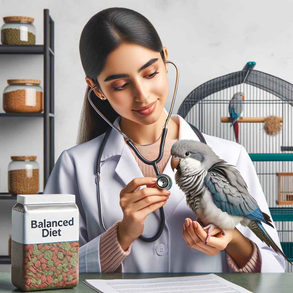 Veterinarian examining senior Quaker parrot's health and behavior, with a guidebook, balanced diet, and suitable cage in the background, illustrating key tips for caring for old Quaker parrots.