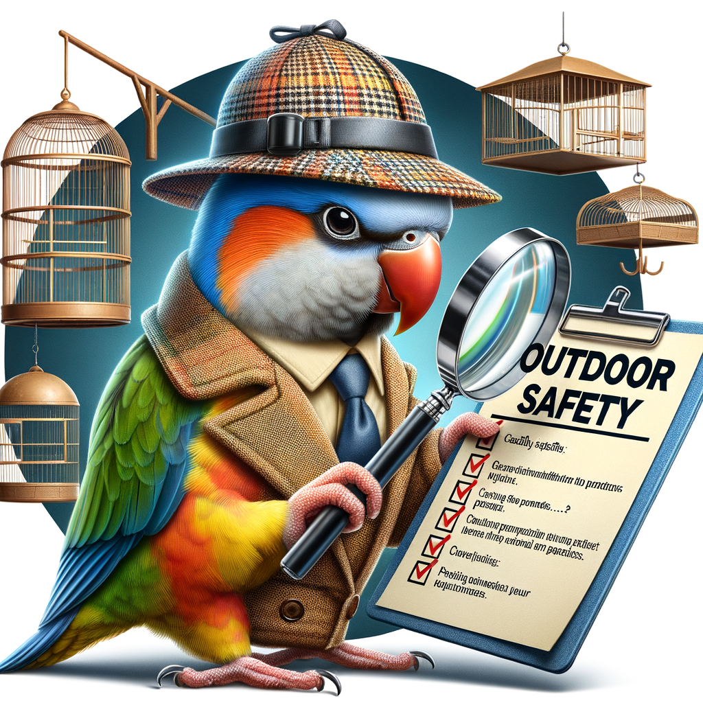 Quaker parrot examining safety of outdoor bird cage, highlighting Quaker parrot outdoor safety and potential outdoor bird cage risks for safe Quaker parrot cage placement.