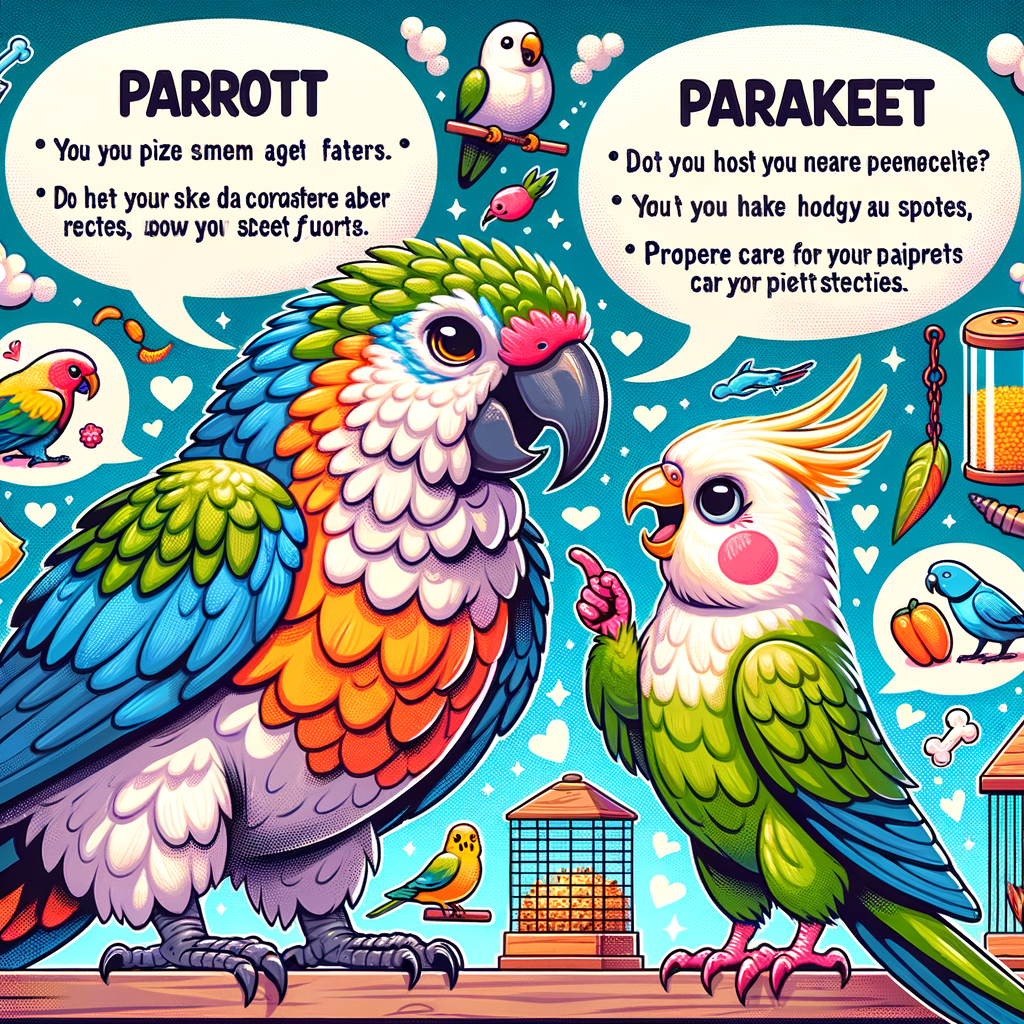 Funny cartoon illustrating Parrots vs Parakeets debate, showcasing differences between Parrot and Parakeet species, characteristics, behavior, and care.