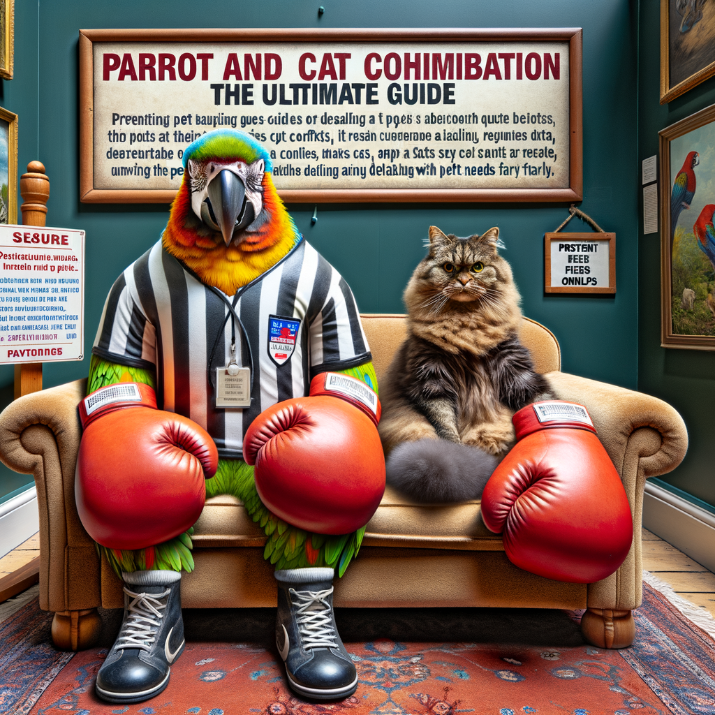 Funny illustration of parrot and cat cohabitation with a referee parrot and boxing cat, showcasing safety measures for pets, managing cat and parrot interactions, and balancing parrot and cat needs in a multi-pet household for preventing pet conflicts.