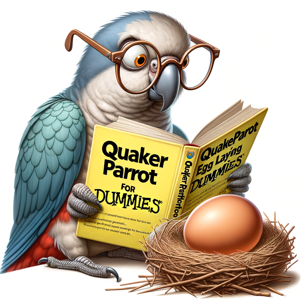 Quaker parrot exhibiting typical behavior, humorously studying 'Quaker Parrot Egg Laying for Dummies' book, showcasing Quaker parrot breeding, egg care, and nesting habits after laying an egg.