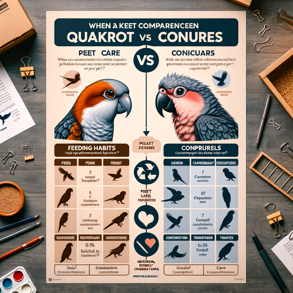 Comparison chart highlighting Quaker Parrot vs Conures as pets, focusing on pet care, behavior, and factors to consider when choosing between them.