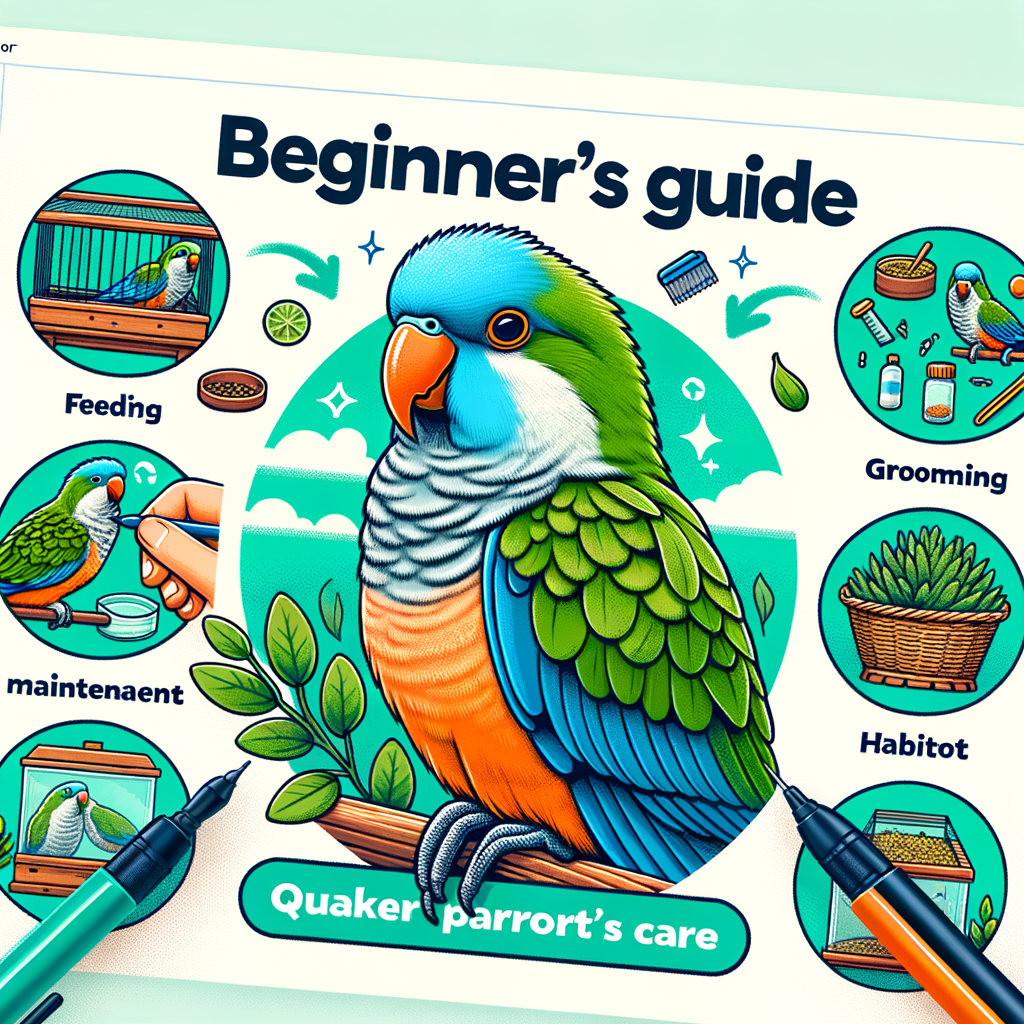 Beginner's guide to Quaker Parrots care, showcasing essential care steps like feeding, grooming, and habitat maintenance for vibrant, healthy Quaker Parrots.