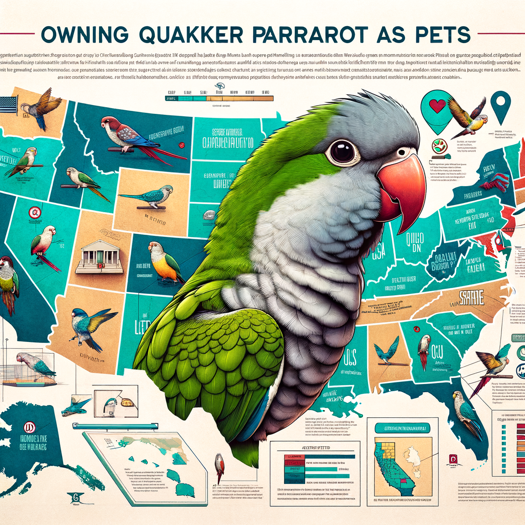 Infographic illustrating Quaker Parrots legality, state-specific pet laws in the United States, and guidelines for keeping Quaker Parrots as pets, including a US map showing where Quaker Parrots are legal pets.