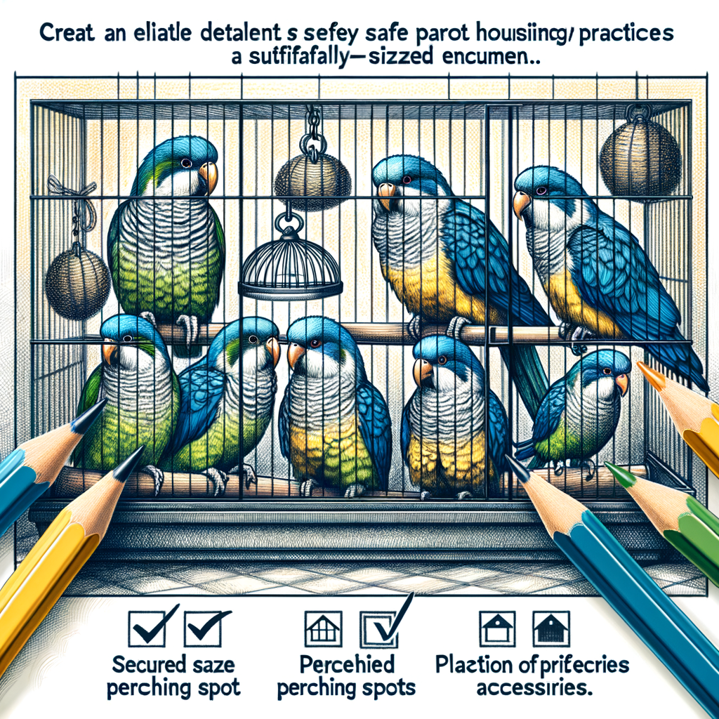 Illustration of multiple Quaker Parrots in a single cage demonstrating safe parrot housing, Quaker Parrot compatibility, and typical Quaker Parrot behavior for effective Quaker Parrot care.