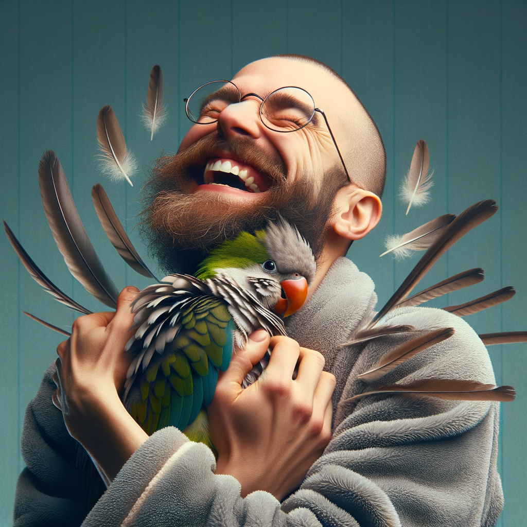 Quaker Parrot showing affectionate behavior by hugging its owner, illustrating the unique bonding, love, and companionship between Quaker Parrots and humans.
