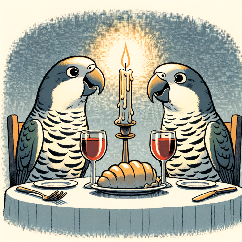 Quaker Parrots engaging in cheeky mating behavior during their breeding season, symbolized by a romantic candlelit dinner, demonstrating the unique reproduction cycle of Quaker Parrots.