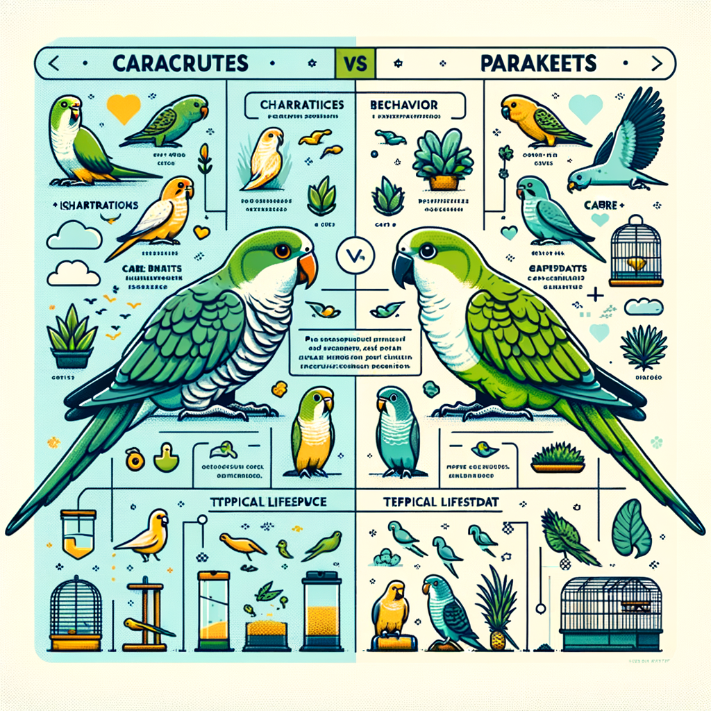 Infographic illustrating the key differences between Quaker Parrots and Parakeets, comparing their characteristics, traits, behavior, care, lifespan, diet, and habitat for a comprehensive understanding of these two species.