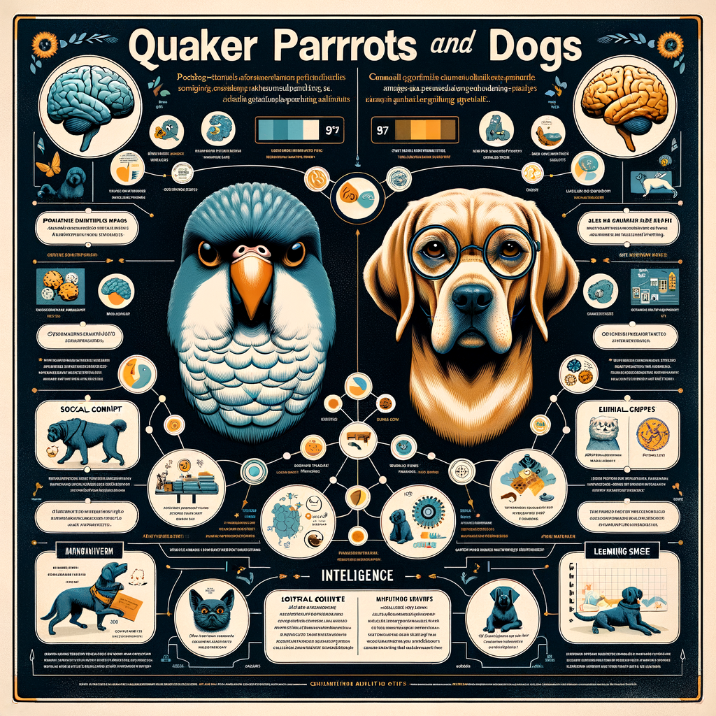 Infographic comparing Quaker Parrots intelligence and dog intelligence level, highlighting Quaker Parrots smartness and canine cognitive abilities for understanding the intelligence comparison between parrots and dogs.