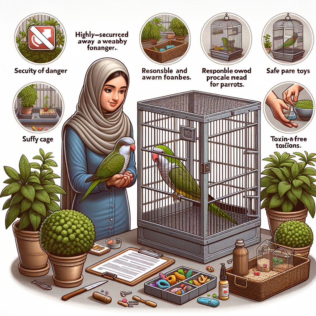 Responsible owner ensuring Quaker Parrot safety in a well-secured home environment, highlighting safe habitat, toxin-free plants, and safe toys for Quaker Parrot care and protection.
