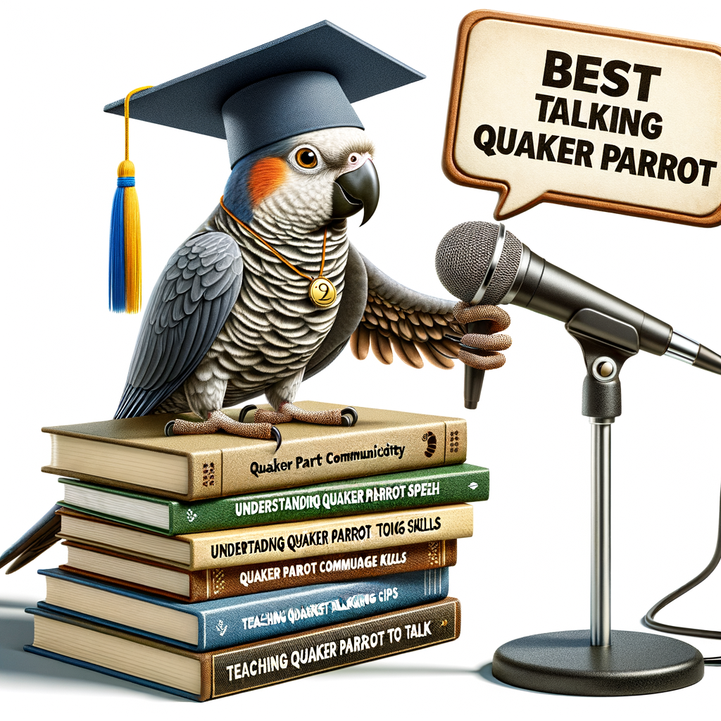 Quaker parrot showcasing its talking ability with a graduation cap, microphone, and books about Quaker parrot speech training, symbolizing the process of choosing the best talking Quaker parrot.