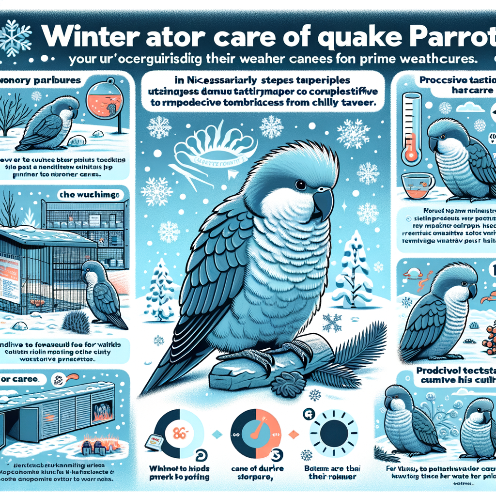Infographic detailing Quaker Parrots winter care tips, showcasing how to protect Quaker Parrots in cold weather, their temperature tolerance, and methods for keeping them warm.