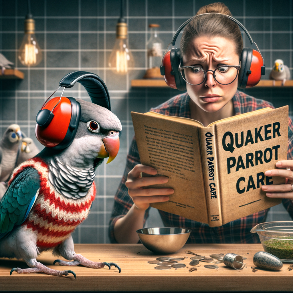 Funny Quaker Parrot wearing headphones and reading a Quaker Parrot Care book, demonstrating Quaker Parrot noise control and training techniques, while owner struggles in the background, illustrating the challenges of understanding and managing Quaker Parrot noise.