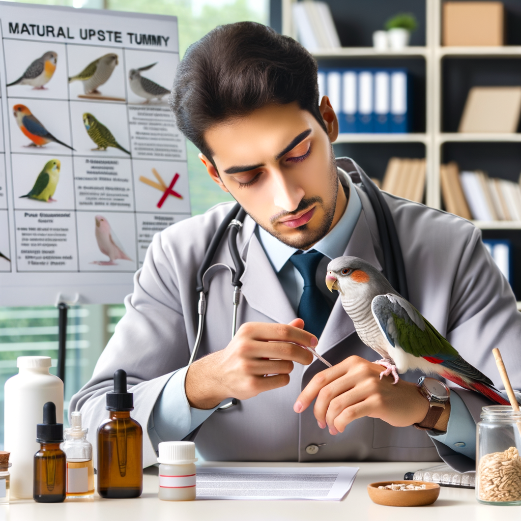 Veterinarian demonstrating natural remedies for Quaker Parrot health, focusing on diet, health care, and digestive problems to soothe an upset tummy, including a guide to symptoms and remedies for parrot illness.