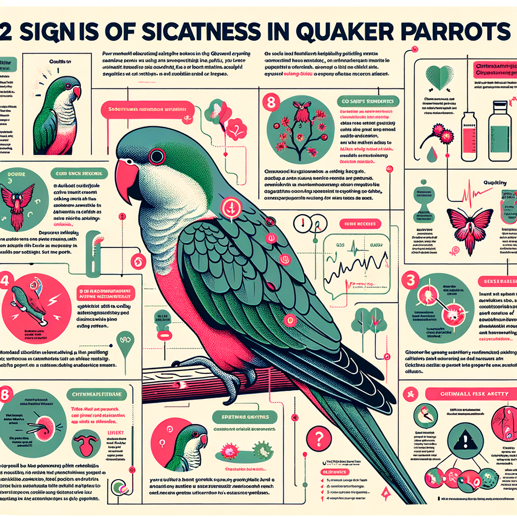 Infographic illustrating Quaker Parrot health issues, signs of sickness, illness symptoms, and how to detect illness for comprehensive Quaker Parrot care, including a depiction of a sick Quaker Parrot showing common disease signs.