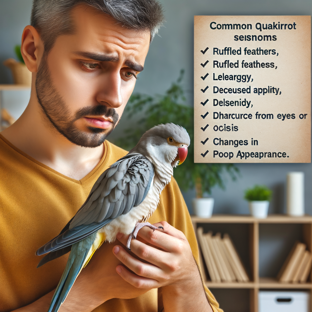 Pet owner observing Quaker Parrot for health issues, with a list of common sickness signs, indicating how to recognize an unwell Quaker Parrot.