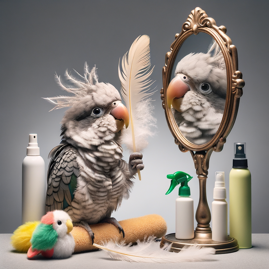 Quaker Parrot looking shocked at its feather loss in the mirror, highlighting the importance of Parrot feather care and prevention of Feather Plucking in Parrots with various solutions in the background.
