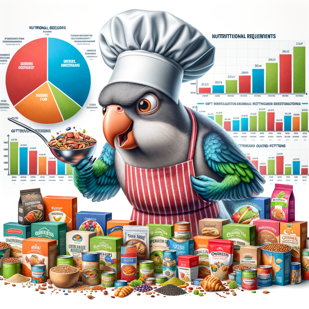 Quaker Parrot humorously reviewing top Quaker Parrot food brands while wearing a chef's hat, surrounded by nutritional charts, premium natural food options, and a Quaker Parrot feeding guide, illustrating the best quality food and healthy diet for Quaker Parrots.