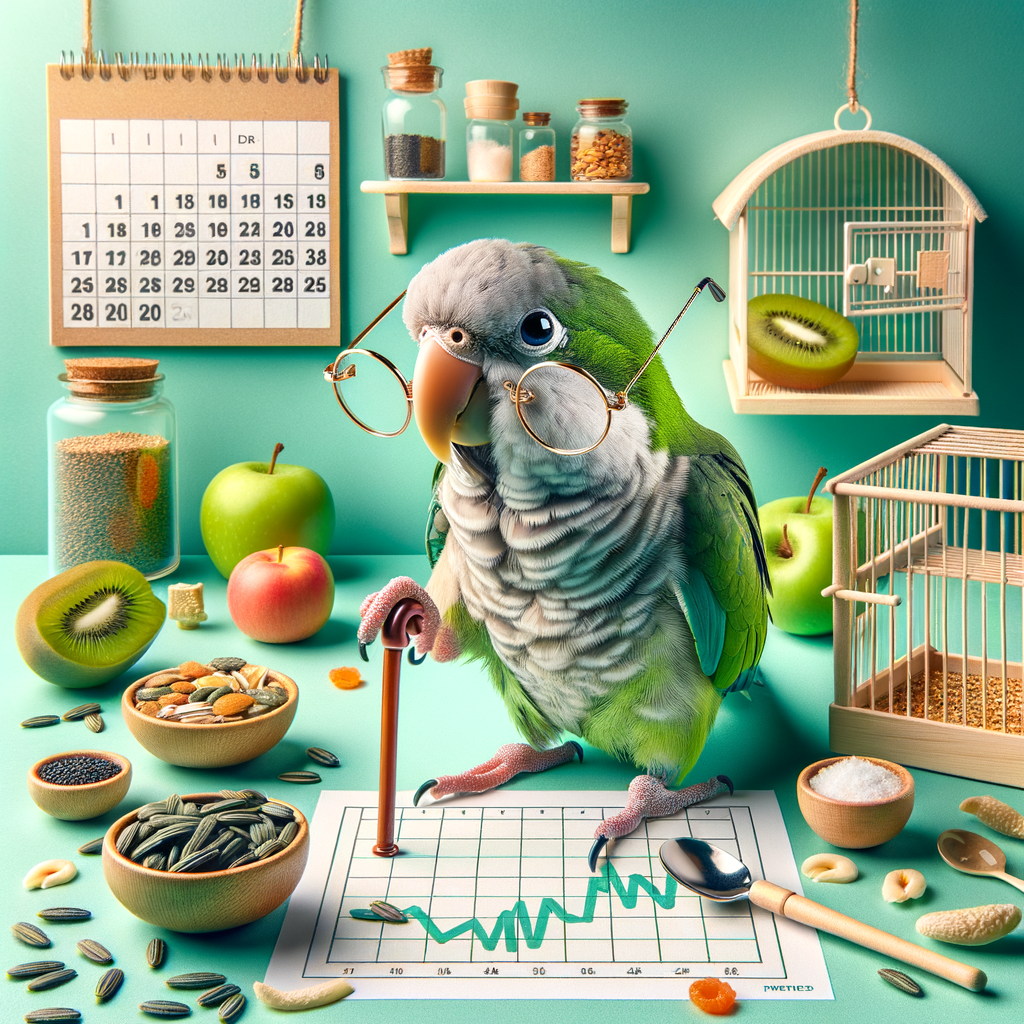 Elderly Quaker Parrot with glasses and cane, demonstrating key factors in aging Quaker Parrot care including diet, health, maintenance, and lifespan.