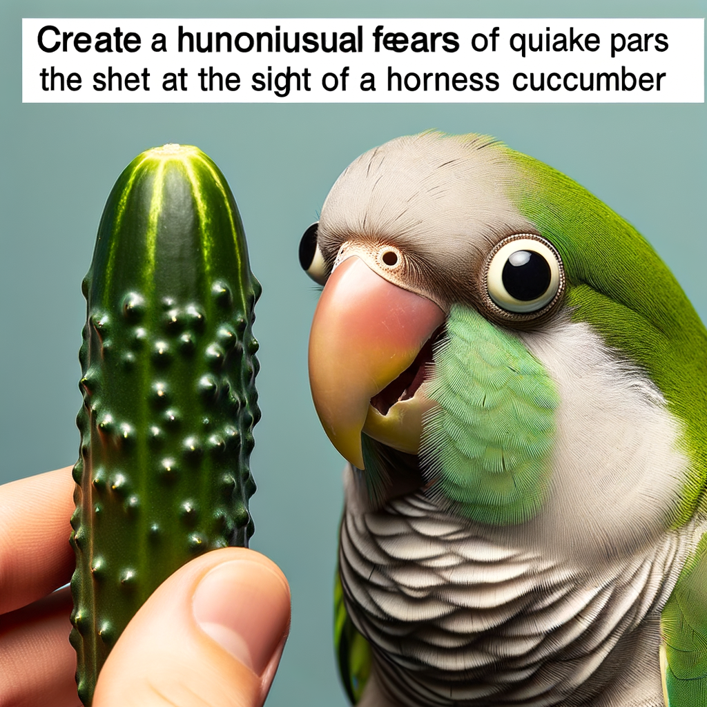 Quaker Parrot showing fear towards a cucumber, demonstrating Quaker Parrots behavior, fears, anxiety, and stress triggers, emphasizing the importance of understanding and handling their unique personality and temperament for optimal care.