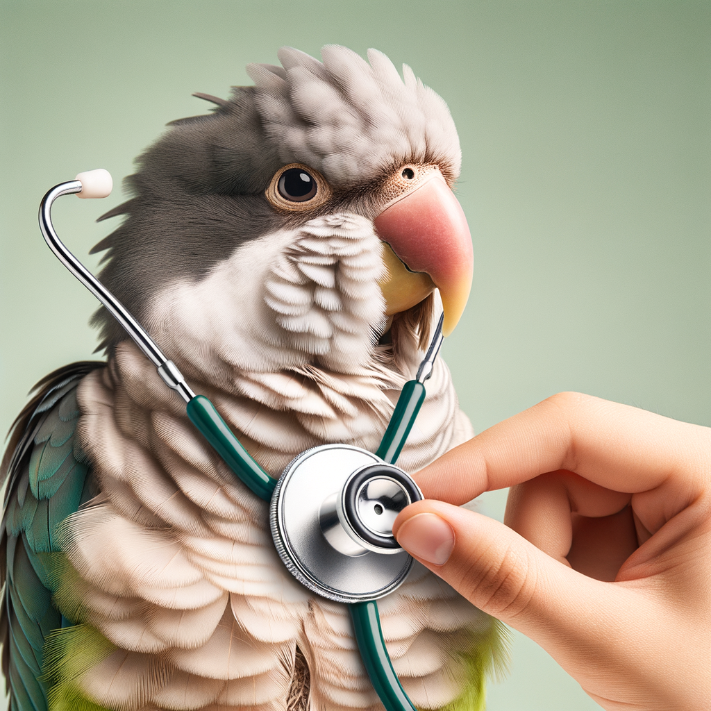 Quaker Parrot humorously self-diagnosing with stethoscope, illustrating Quaker Parrot health issues like heavy breathing, a common symptom of Quaker Parrot illness and key aspect of Quaker Parrot care.