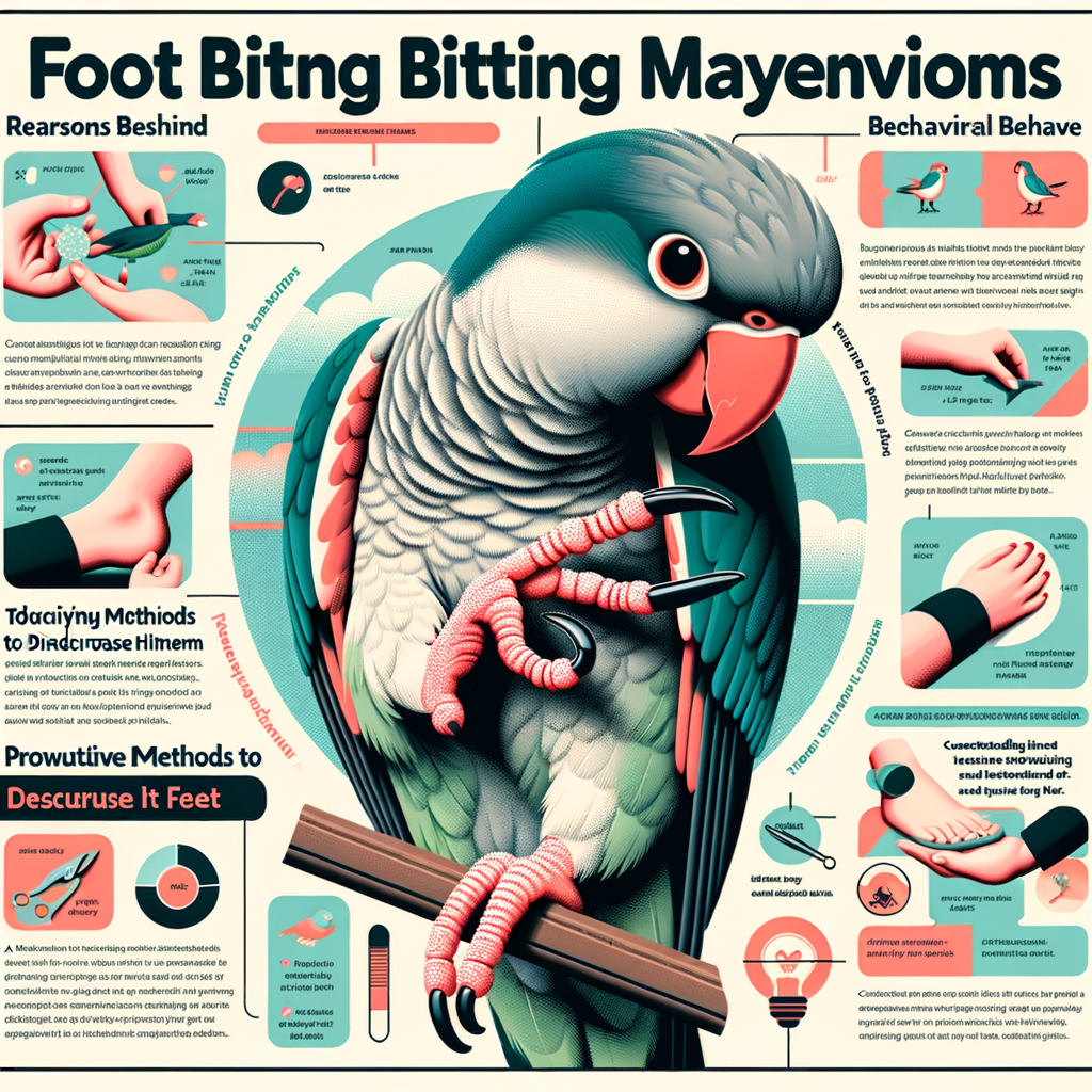 Infographic explaining Quaker Parrot behavior, reasons for foot biting, prevention strategies, and foot care tips for addressing health issues and overall Quaker Parrot care.