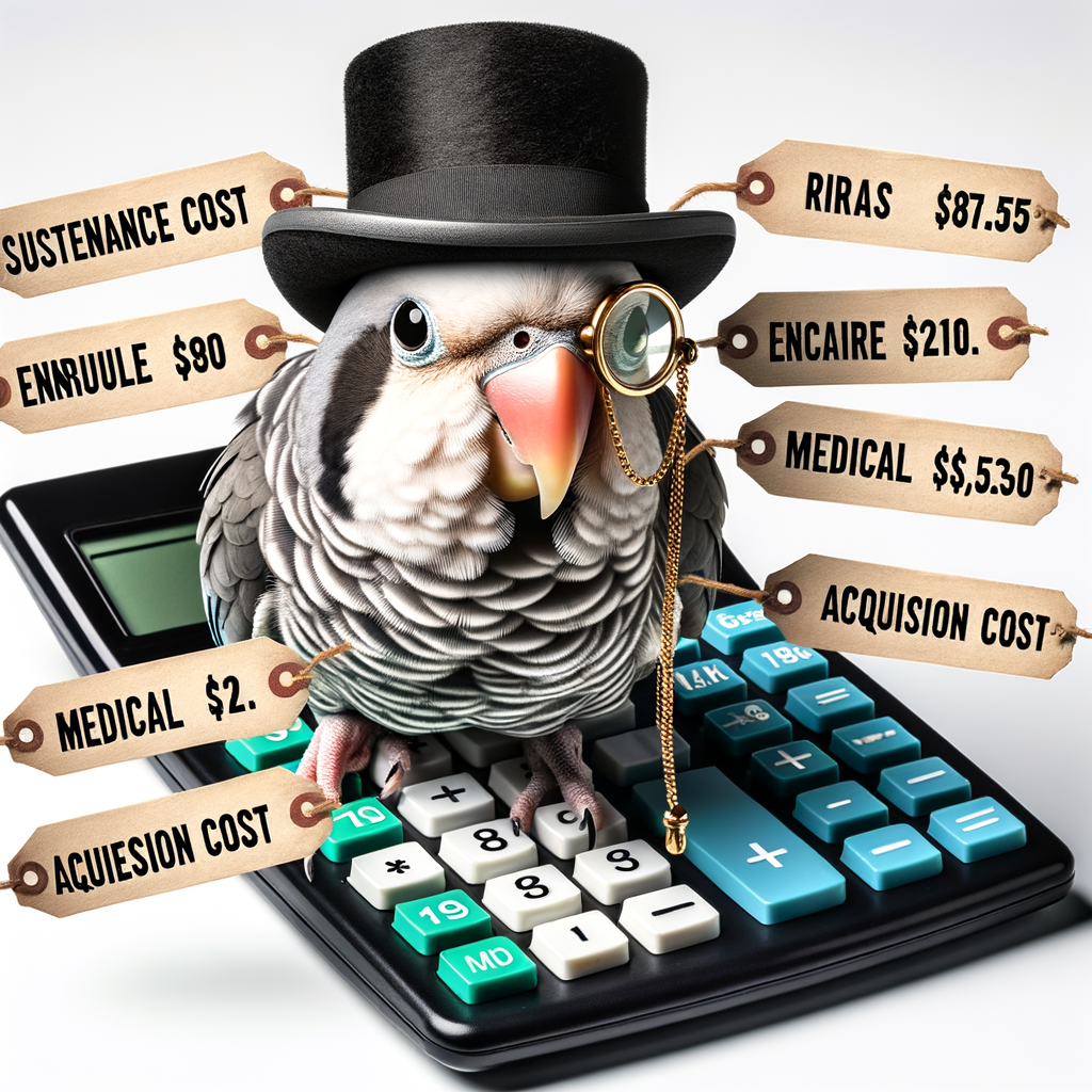 Quirky Quaker Parrot in top hat and monocle on calculator, illustrating the various factors affecting Quaker Parrot cost including food, cage, vet bills, and purchase price.