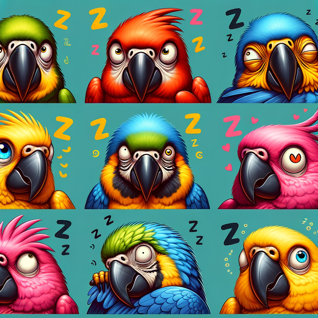 Funny image showing parrot sleep habits, with parrots sleeping with eyes open and closed, demonstrating how parrots sleep, their sleep patterns, sleep behavior, sleep cycle, eye movement during sleep, sleep position, and the unique sleeping characteristics of parrots.