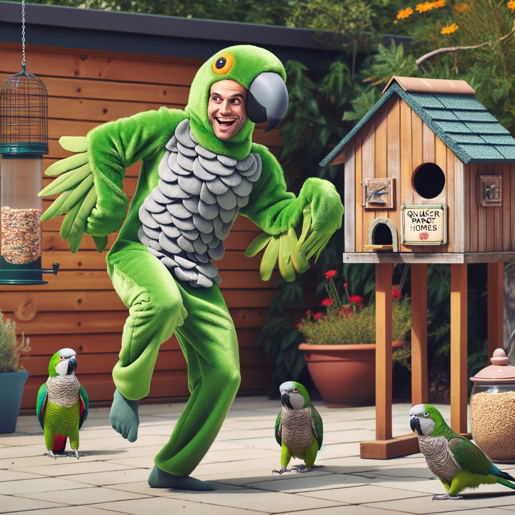 Person in Quaker Parrot costume entertaining real Quaker Parrots in a backyard habitat featuring bird feeders, bird bath, and 'Quaker Parrots Home' birdhouse, demonstrating unique Quaker Parrot attraction methods and care techniques.